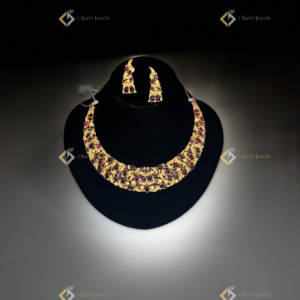 Crimson Cascade Gold Necklace with Earrings - Lightweight modern bridal jewellery options near me