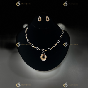 Delicate Teardrop Gold Necklace with Earrings - Modern bridal jewellery stores near me in RS Puram