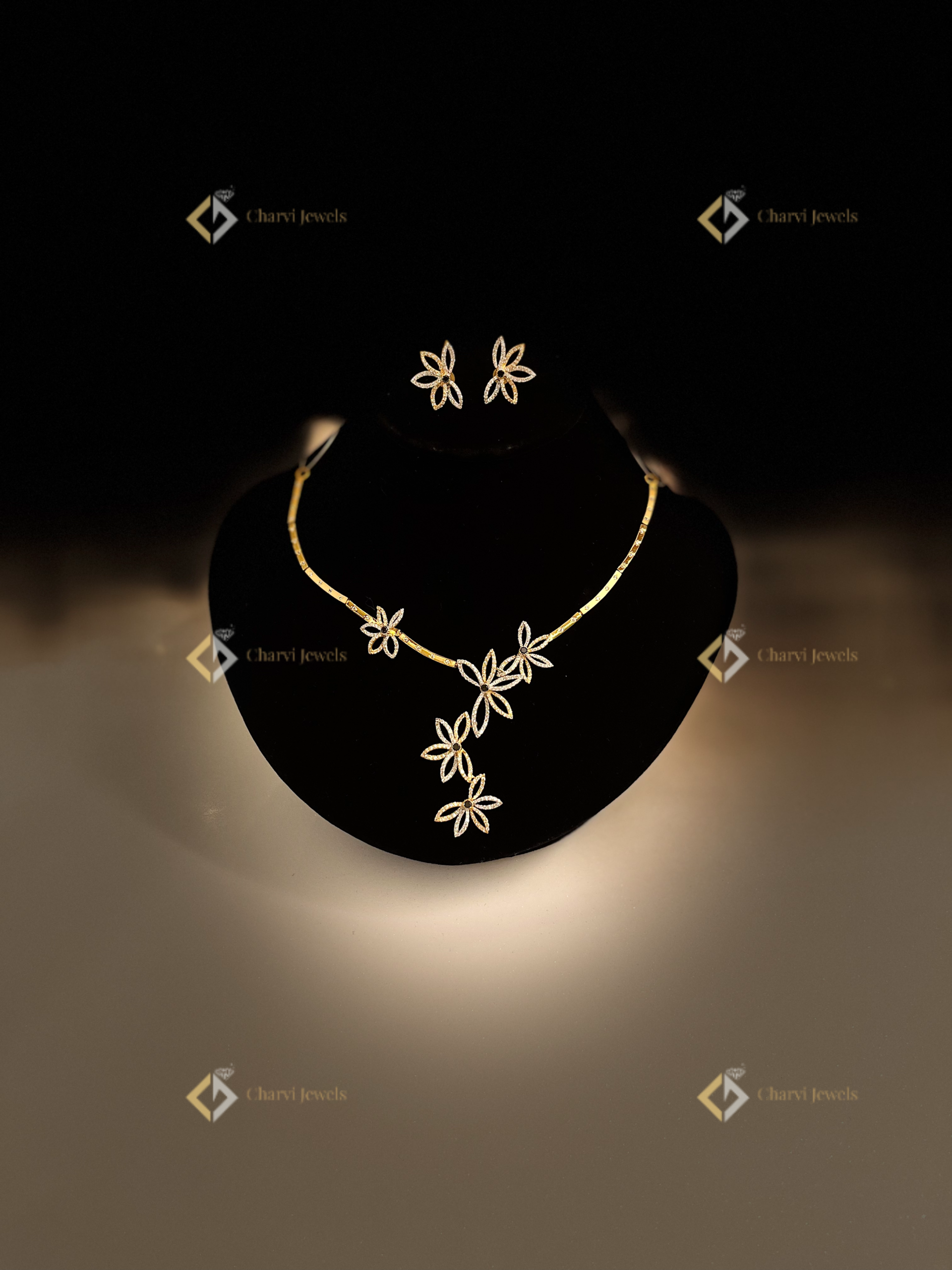 Floral Diamond Cascade Necklace with Earrings - Best wedding jewellery in Coimbatore for modern designs