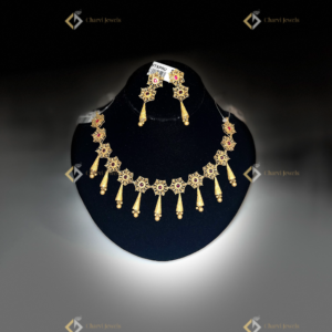 Floral Ruby Gold Necklace with Earrings - Personalized wedding jewellery design services in RS Puram