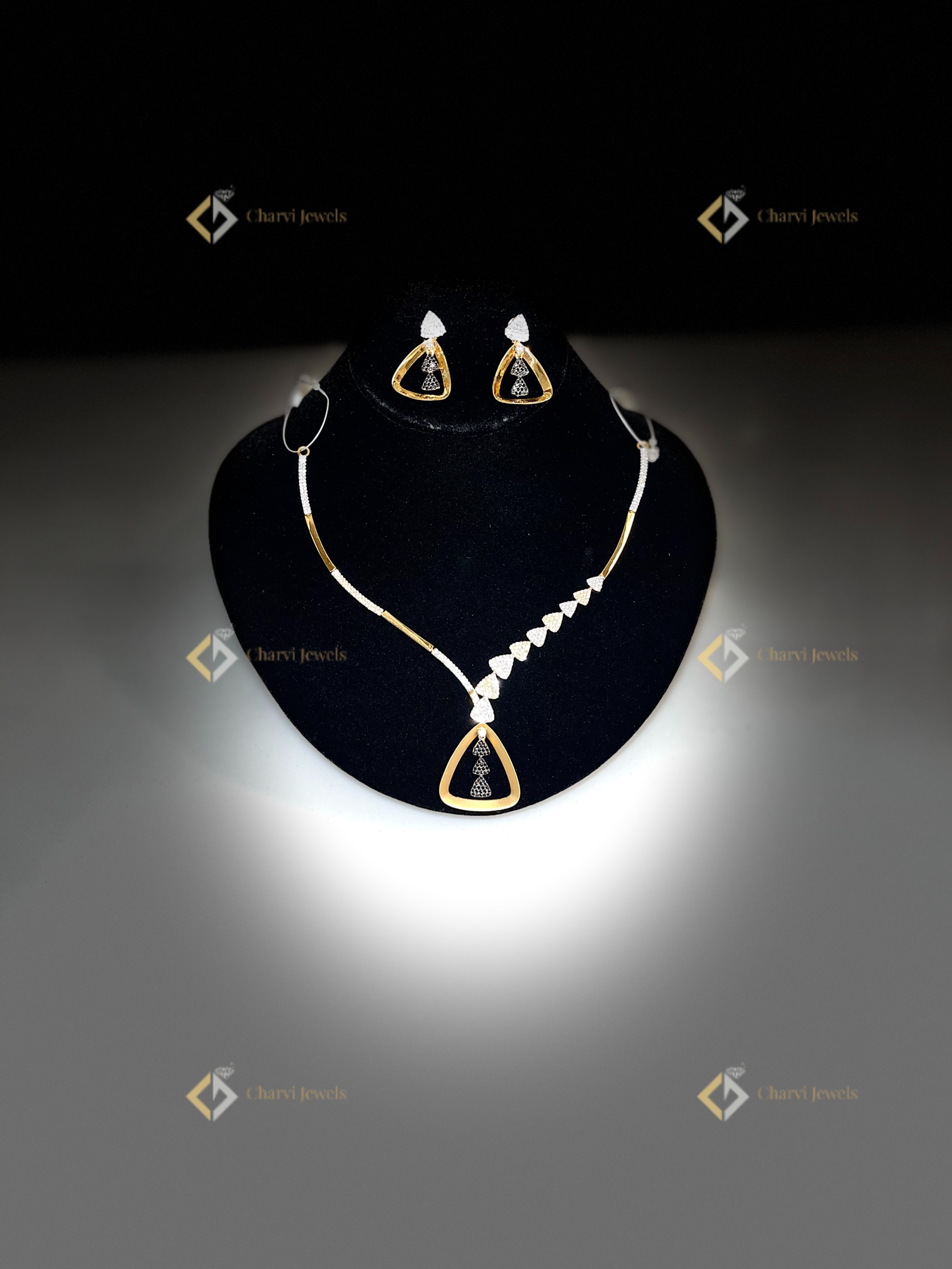 Triangle Inlay Gold Necklace with Earrings - Luxury bridal jewellery store Coimbatore (RS Puram)