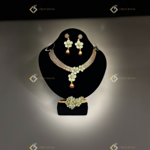 Green Floral Enamel Teardrop Necklace with Earrings- Award-winning unique wedding jewellery designers near me