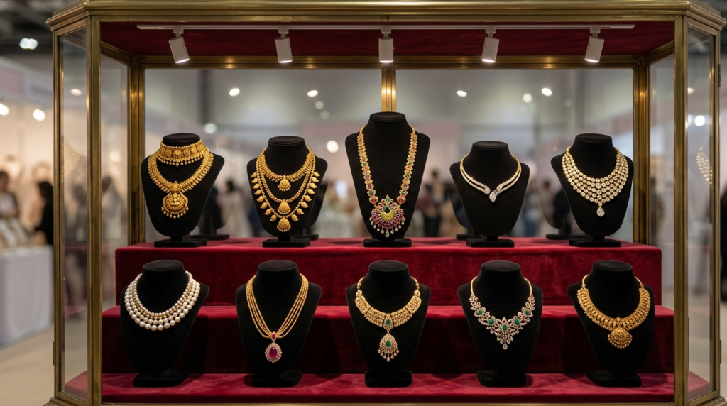 10 wedding gold necklace design with Lakshmi pendant Charvi Jewels, R.S. Puram, Coimbatore