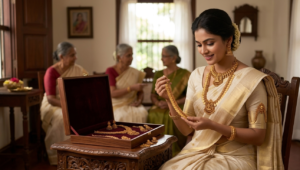 A beautiful bride examining traditional antique gold jewellery Designs from Charvi Jewels in Coimbatore for her wedding.