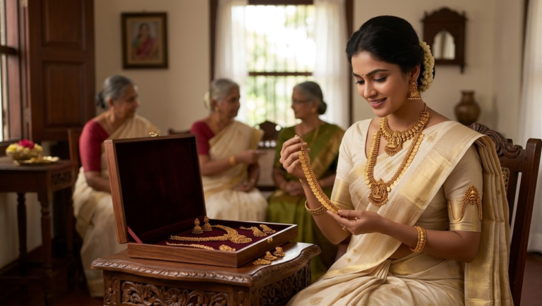 A beautiful bride examining traditional antique gold jewellery Designs from Charvi Jewels in Coimbatore for her wedding.