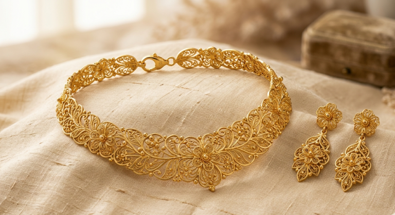Top gold necklace and earrings set designs for brides in 2026 at Charvi Jewels, R.S. Puram, Coimbatore