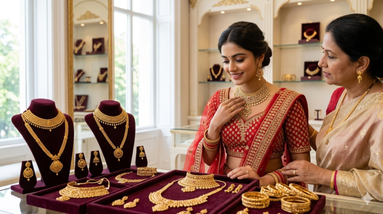 Choosing Perfect Wedding jewellery sets gold at Charvi Jewels in Coimbatore