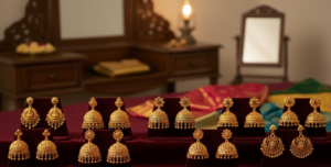 A display of 10 exquisite bridal gold jhumka designs from Charvi Jewels in Coimbatore, perfect for any wedding outfit.