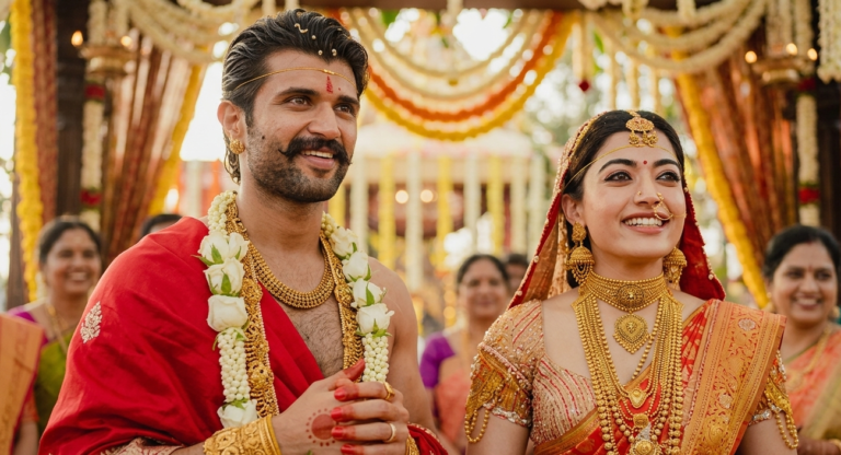 Wedding gold jewellery trends inspired by celebrities like Rashmika Mandanna at Charvi Jewels, R.S. Puram, Coimbatore