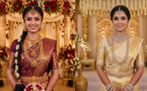 Two South Indian brides showcasing 2026 wedding trends; one in traditional temple bridal gold jewellery and the other in modern diamond gold jewellery.