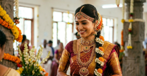 A bride wearing gemstone gold jewellery featuring ruby and emerald bridal set on her South Indian wedding day