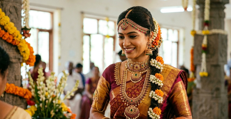 A bride wearing gemstone gold jewellery featuring ruby and emerald bridal set on her South Indian wedding day