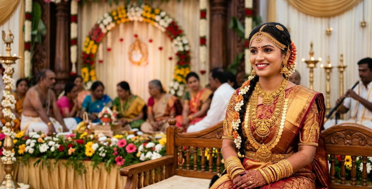 A bride wearing traditional 22K gold jewellery for wedding, including necklace, bangles, and earrings, on her South Indian wedding day