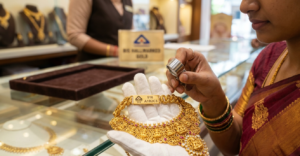 A bride examining hallmarked bridal gold jewellery to check gold purity before her wedding purchase in Coimbatore