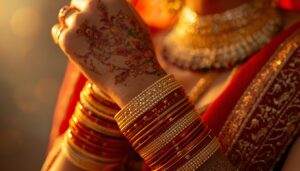 Image Alt Text Close-up of an Indian bride’s wrists adorned with intricate Gold Bangles and Gold Kada for Wedding from Charvi Jewels R.S. Puram, Coimbatore, paired with mehendi.