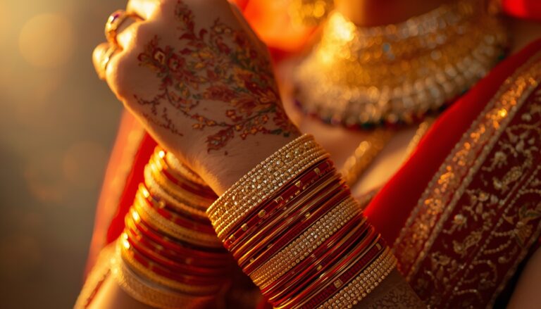 Image Alt Text Close-up of an Indian bride’s wrists adorned with intricate Gold Bangles and Gold Kada for Wedding from Charvi Jewels R.S. Puram, Coimbatore, paired with mehendi.