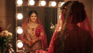 A smiling Indian bride in a red lehenga wearing heavy traditional Gold Jewellery for Wedding from Charvi Jewels R.S. Puram, Coimbatore, including a layered necklace, maang tikka, and jhumkas.
