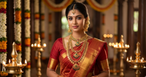 A Coimbatore bride wearing lightweight gold jewellery in Charvi Jewels R.S.Puram including a layered necklace and temple jhumkas on your wedding day