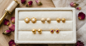 Lightweight gold stud earrings for daily wear displayed on a white jewellery tray at Charvi Jewels R.S. Puram, Coimbatore