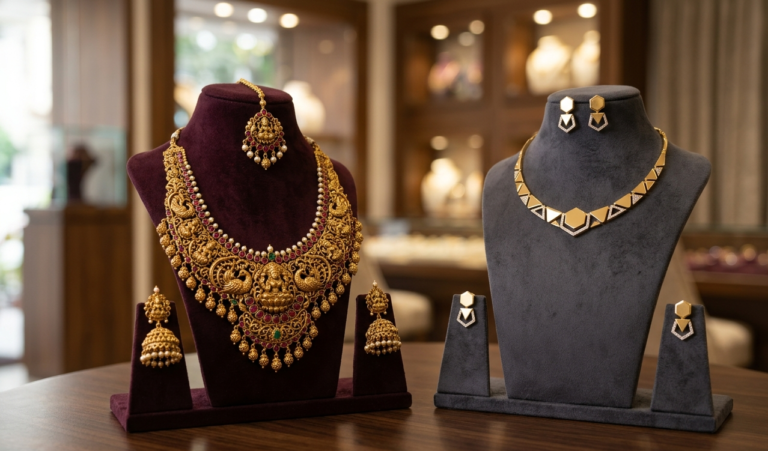 A split-screen comparison of a bride wearing traditional gold temple jewellery vs a bride wearing modern, wedding gold jewellery for their wedding.
