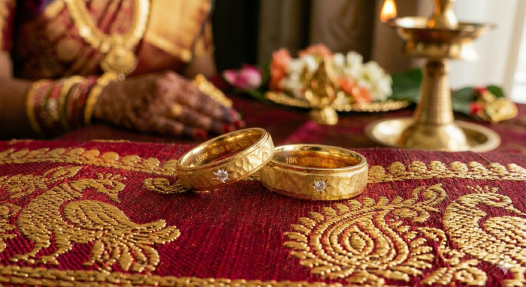 A bride and groom wearing matching wedding gold rings with diamond settings on their South Indian wedding day in Coimbatore