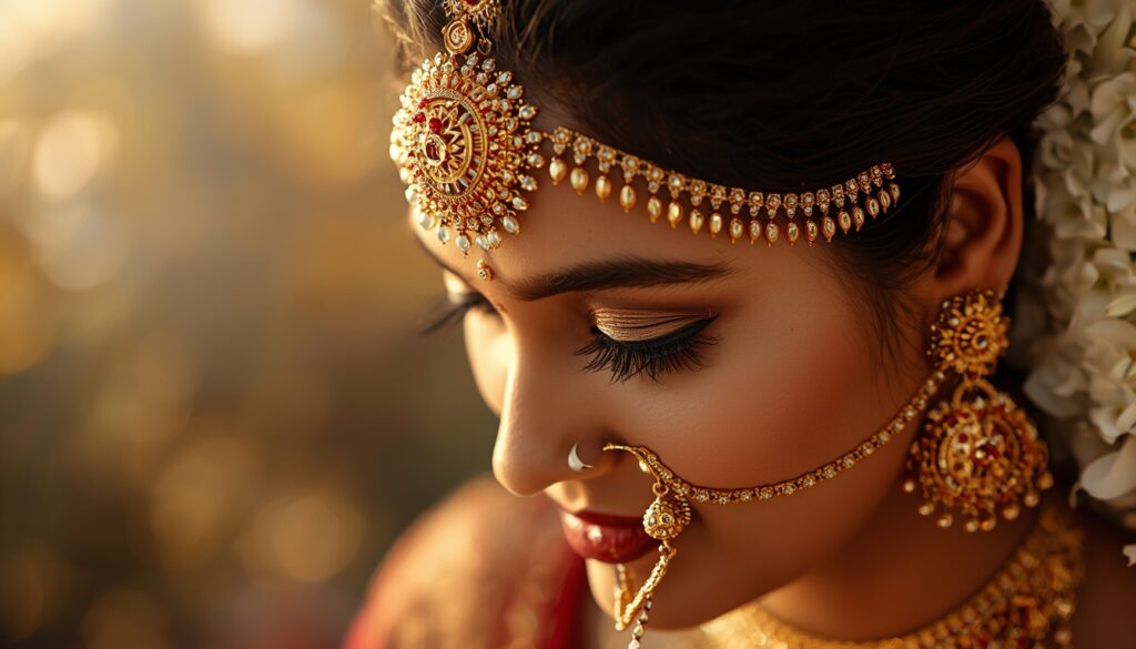 Close-up of a South Indian bride wearing a traditional gold nethi chutti for wedding, ornate gold earrings, and a nose ring from Charvi Jewels R.S. Puram, Coimbatore.