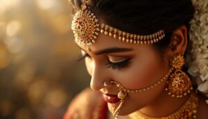 Close-up of a South Indian bride wearing a traditional gold nethi chutti for wedding, ornate gold earrings, and a nose ring from Charvi Jewels R.S. Puram, Coimbatore.