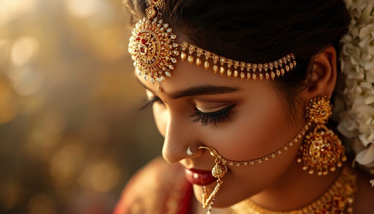 Close-up of a South Indian bride wearing a traditional gold nethi chutti for wedding, ornate gold earrings, and a nose ring from Charvi Jewels R.S. Puram, Coimbatore.