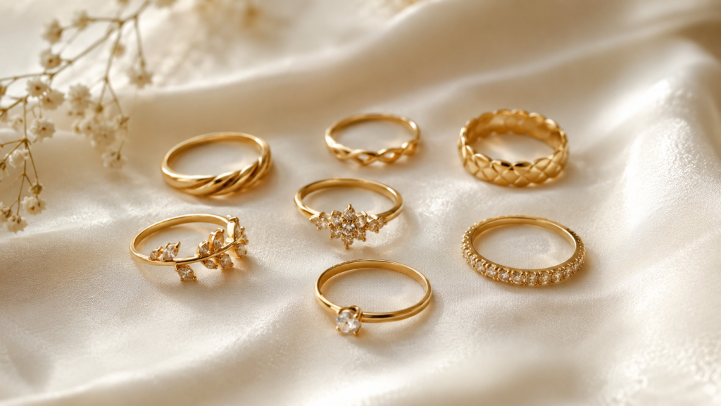 A realistic close-up photograph of 7 elegant gold rings for women arranged on a soft cream silk surface, including a delicate solitaire band and a fine stone-studded ring, warm golden tones, soft natural window light from the left, shallow depth of field highlighting intricate craftsmanship, refined and serene bridal mood, no text, no logos.