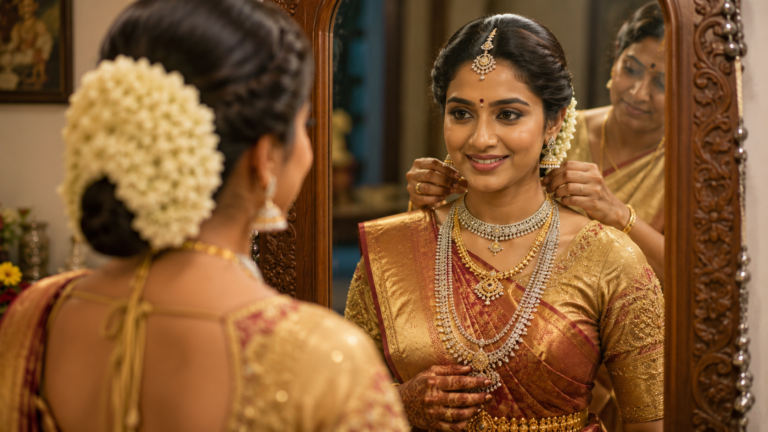South Indian bride being adorned with Gold and Silver Jewellery during wedding ritual, with reflection in mirror, Charvi jewels at R.S. Puram bridal jewellery styling scene.
