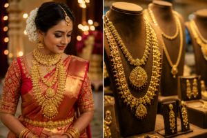 Bridal gold necklace design displayed on an elegant South Indian bride and luxury jewellery showroom collection by Charvi Jewels