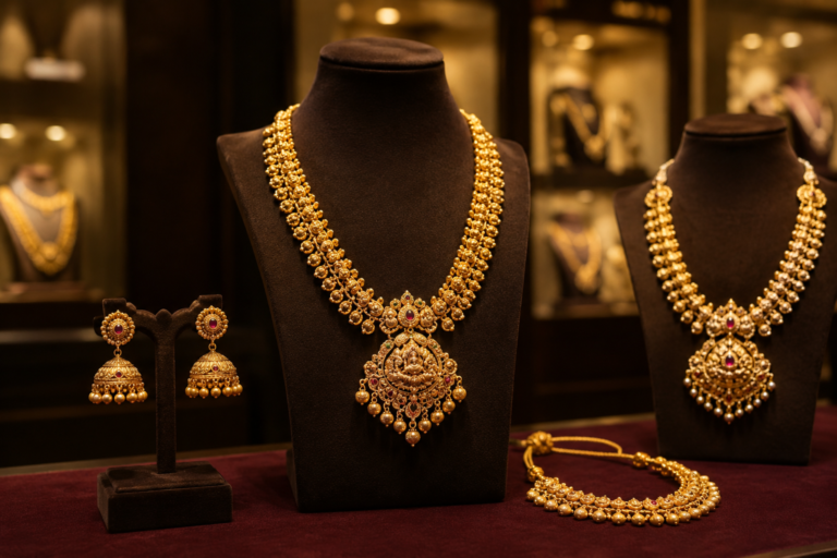Gold haram latest designs featuring elegant traditional bridal jewellery collection at Charvi Jewels at R.S.Puram